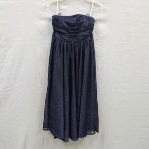 Navy Blue Shimmer Strapless Midi Dress Lace Up Corset Back Pleated Formal Prom